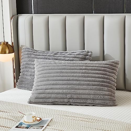 Bed Pillowcase Queen Set of 2 Striped Faux Rabbit Fur and Velvet Back