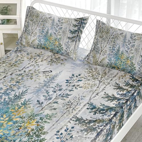 AILONEN Sage Birch Woodland Fitted Sheet Set Twin XL, 3-Piece Soft