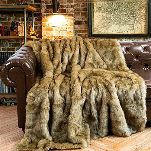 BATTILO Luxury Golden Faux Fur Throw Blanket for Bed, 60"x 80", Thick