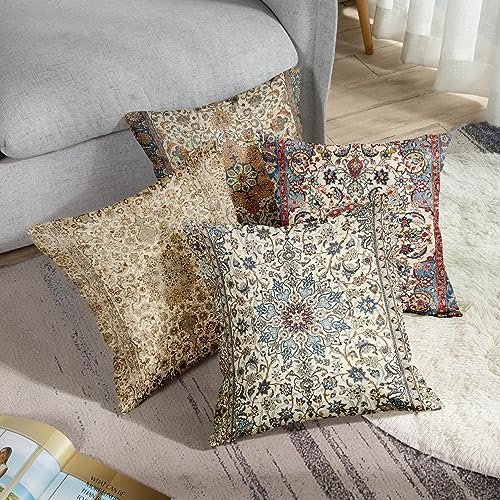 Sanwarm Linen Throw Pillow Covers Set of 4, 16 x 16 Inch, Boho Mandala