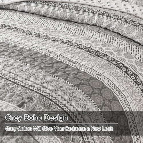 WONGS BEDDING Boho King Quilt Set,3 Pcs Grey Bedspread Covrtlet Set