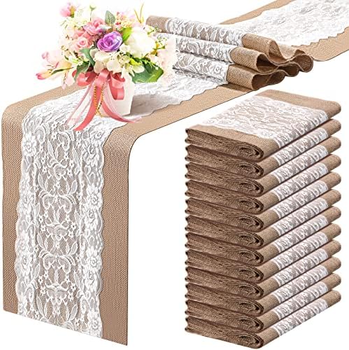 Tatuo 12 Pieces Burlap Table Runners with Lace 12 x 108 Inch Long