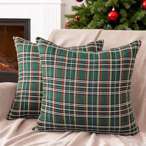 Green Christmas Tartan Plaid Decor Throw Pillow Covers 18x18 Set of 2