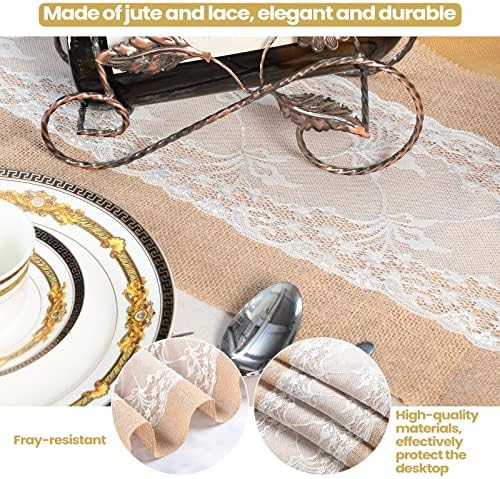 Shimeyao 12 Pcs Burlap Table Runners White Lace 11.8 x 70.9 Inch
