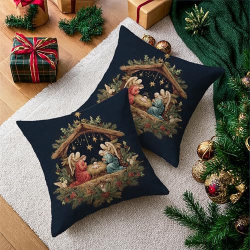 Angels Throw Pillow Covers Set of 2, Christmas Rustic Stable Stars