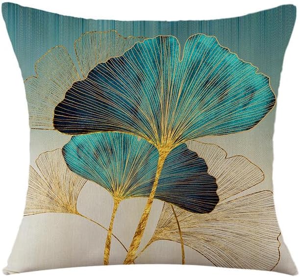 Set of 4 Cushion Covers 45 x 45 Art Gold Teal Turquoise Ginkgo Leaf