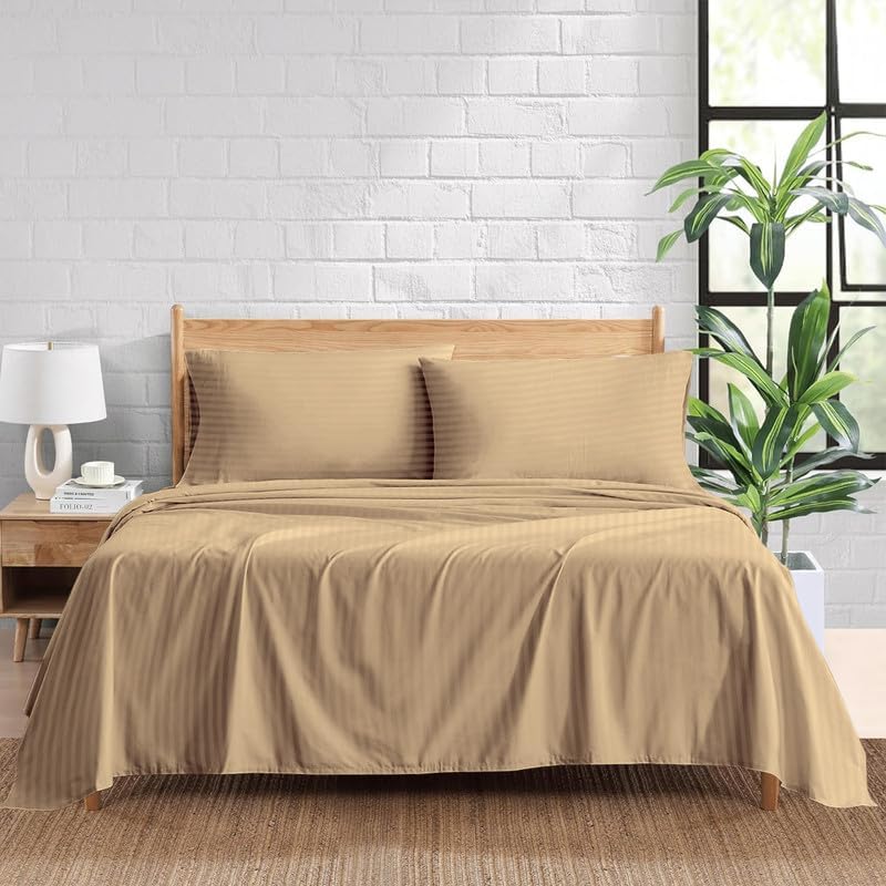 SKS Linen- 500 Thread Count Taupe Stripe(Full XL) Bed-Sheet Set-Highly