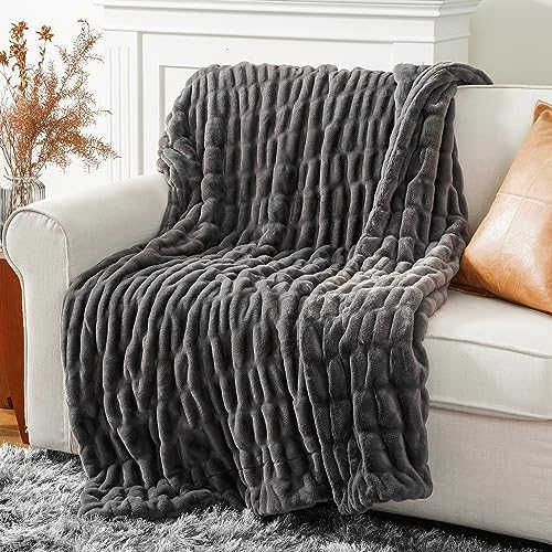 BATTILO Grey Faux Fur Throw Blanket for Couch, 60"x80", Double Side