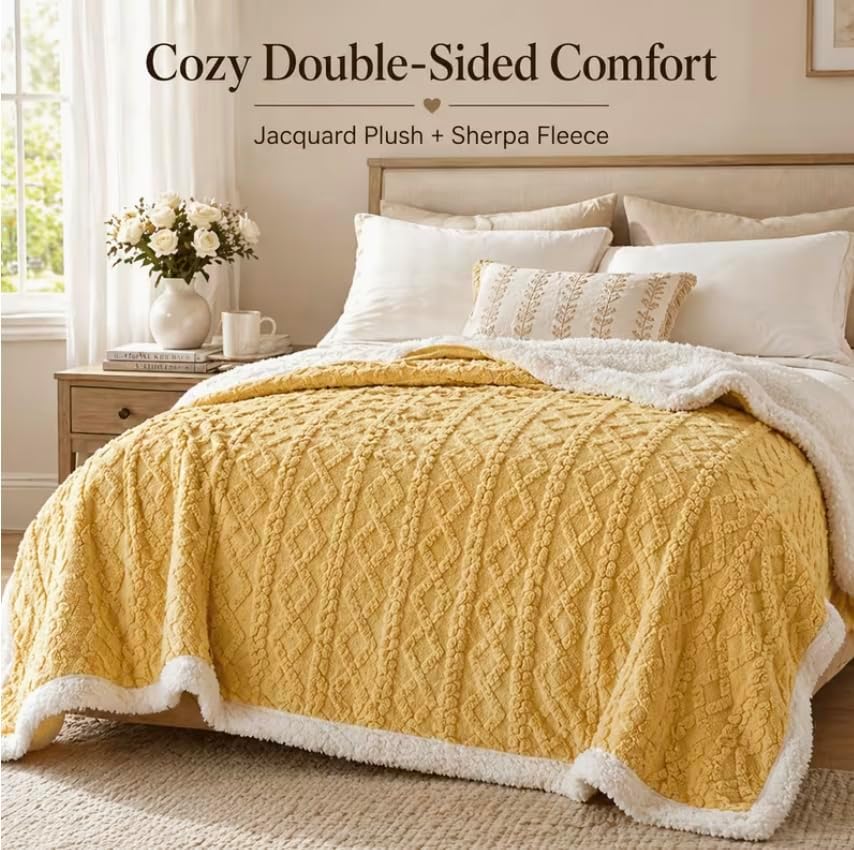 Stella & Sage Reversible Sherpa Throw Blanket, 60x80 inches, Mustard