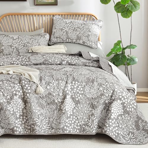 WONGS BEDDING Gray Quilt Set King Size, Botanical Print Bedspread