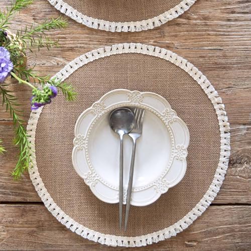 FunWheat 15 Inch Round Jute Placemats Set of 12, Braided Burlap Table