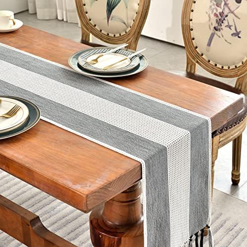 Wracra Linen Table Runner, Stripe Table Runners 90 Inches Long Black