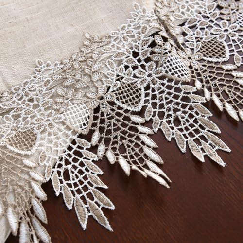 Beydodo Linen Table Cloth Round Cover 70 inch, Solid Color with Lace