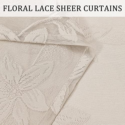 DWCN Beige Sheer Curtains - 72 inches Long Elegant Floral Lace Rod
