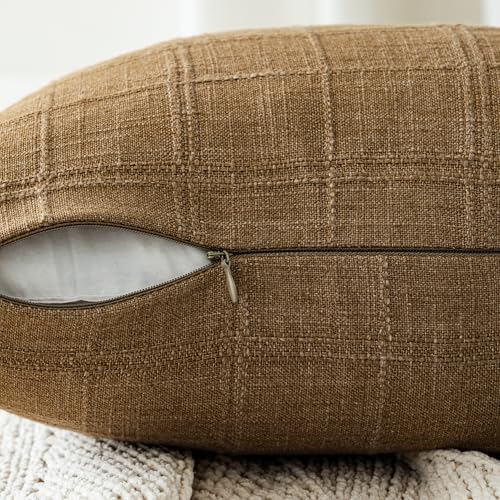 FEVERQIYI Set of 2 22x22 Brown Cotton Linen Plaid Pillow Covers