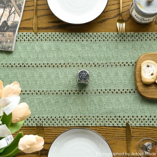 Artoid Mode Light Green Woven Farmhouse Hollow Table Runner 12x120