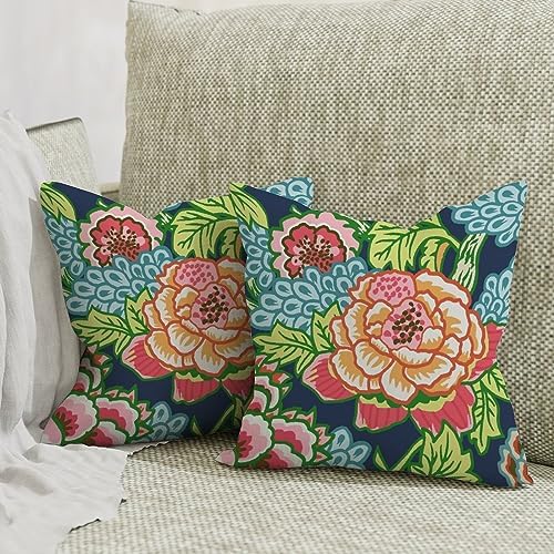 Chinoiserie Throw Pillow Cushion Teal Navy Peony Floral Pillow Cover