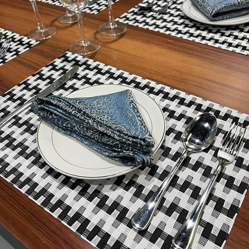 WAZAIGUR Placemats Set of 8, Woven Vinyl Table Placemats, Black White