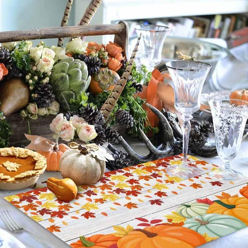 Placemats Set of 8, Thanksgiving Pumpkin Fall Harvest Washable Table