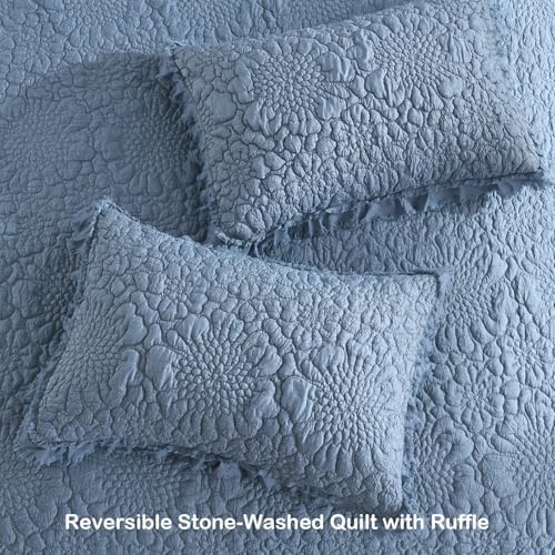 HORIMOTE HOME Blue Ruffled Quilt King Size, Stone-Washed Microfiber