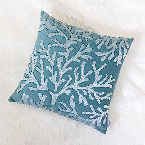 Embroidery Teal Velvet Coral Island Throw Pillow Cover,Ocean Series