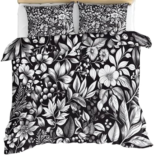 Grey Floral Bedding Duvet Cover, Botanicals Comforter Set with Zipper