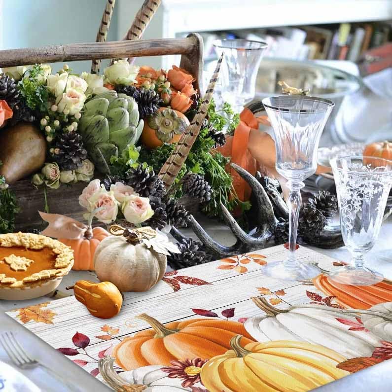 Placemats Set of 8, Thanksgiving Pumpkin Autumn Maple Leaf Washable