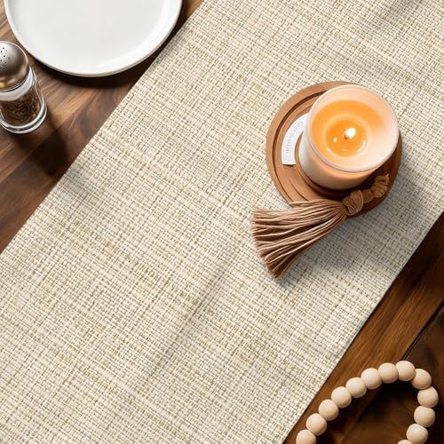 Beige Rustic Table Runner 108 Inches Long, Vintage Farmhouse Beige