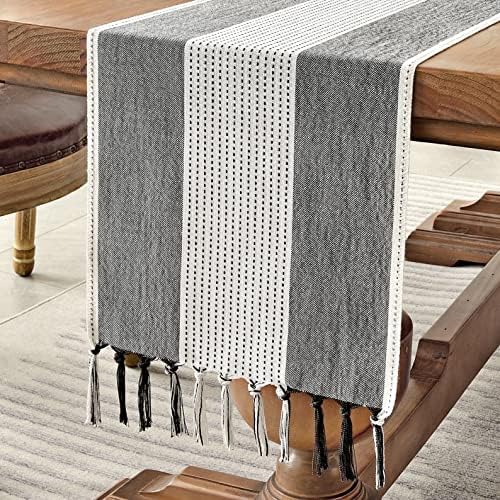 Wracra Linen Table Runner, Stripe Table Runners 90 Inches Long Black