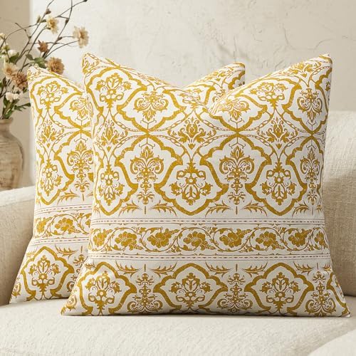Decorative Vintage Pillow Covers 20x20: Mustard Yellow Floral Throw