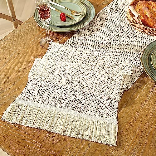 Hsvanyr Long Macrame Tablecloth Runner Cotton Linen with Tassel Dining