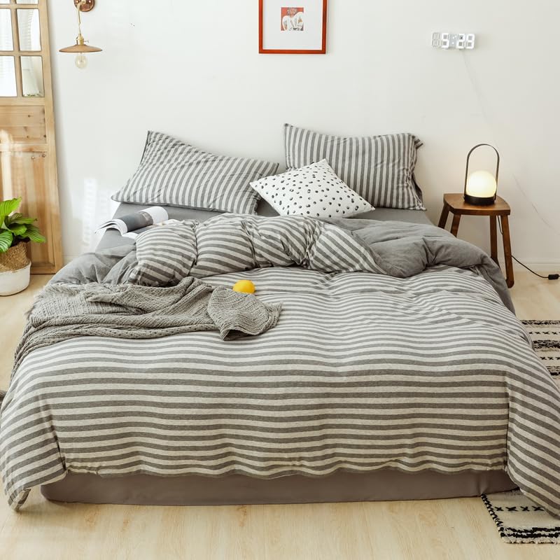 Gray White Striped King Duvet Cover Set 3-Piece 100% Cotton Ultra Soft