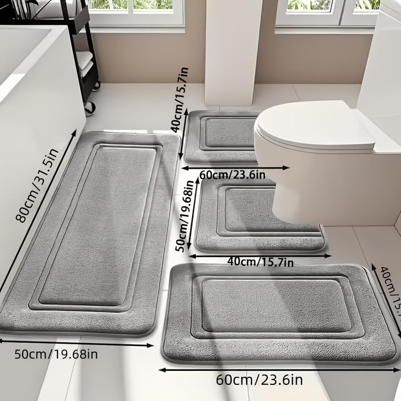 Memory Foam Bath Mat Set of 4, Quick Dry Absorbent Bathroom Rugs, Gray