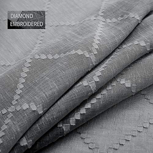 KOUFALL Grey Diamond Pattern Linen Like Sheer Curtain 52 x 63 Inch