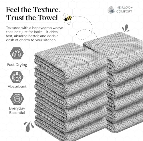 Grey Honeycomb Kitchen Towels 12 Pack, 16x26 Inch, 100% Cotton, Fast