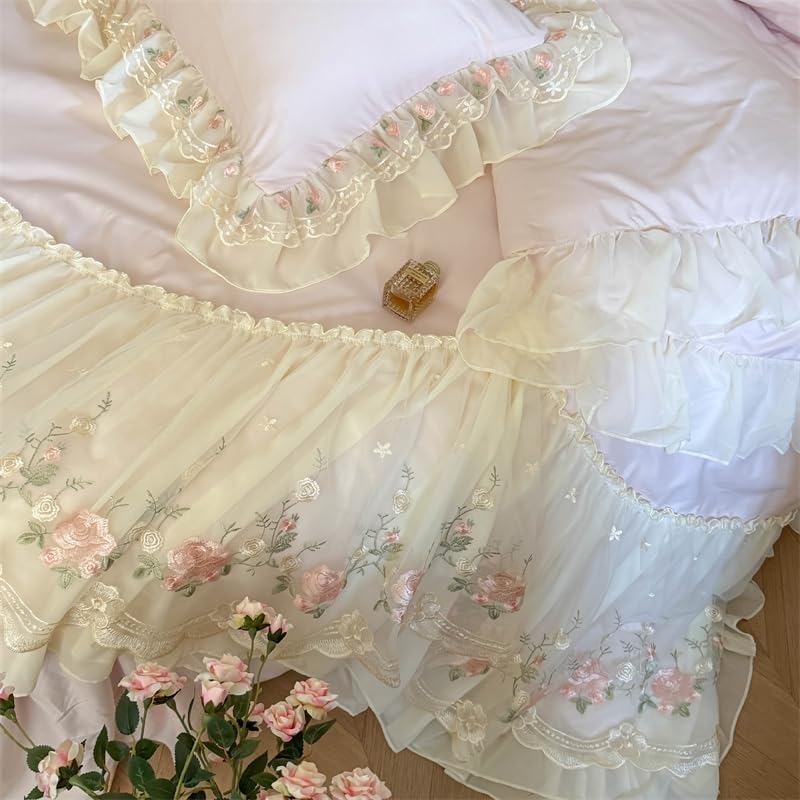 Lace Embroidered Bedding Set, 4-Piece 100% Washed Cotton Duvet Cover