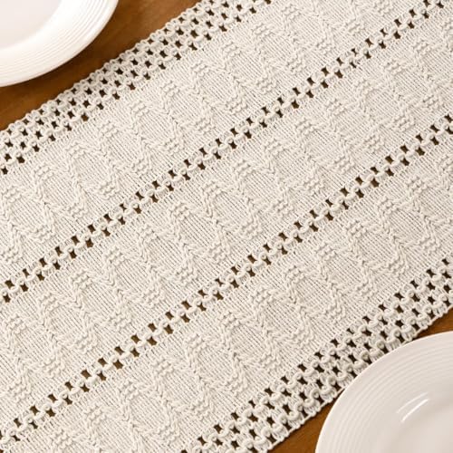 Ivory Boho Table Runner Farmhouse Macrame Woven Table Runner 12x36