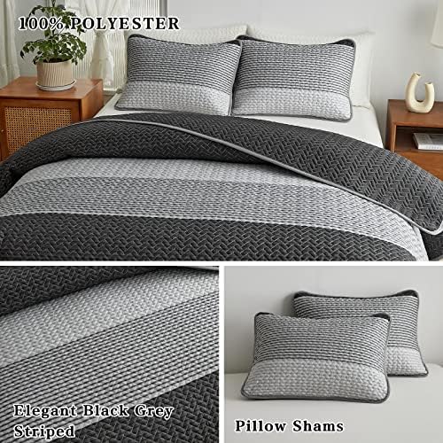 Flysheep Boho Striped Quilt Set King Size, 3 Pcs Grey and White