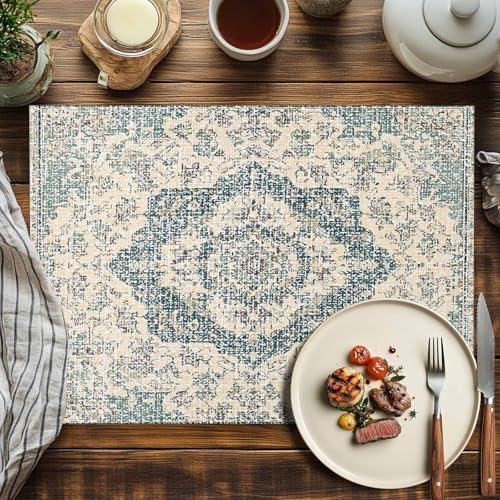 Placemats Set of 8, Beige Green Boho Woven Placemat, Linen Place Mats