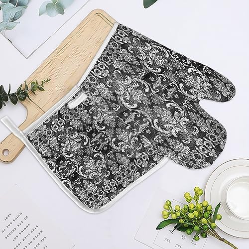 Quilted Cotton Terry Cloth Oven Mitt, Pot Holder Grey Floral Textured