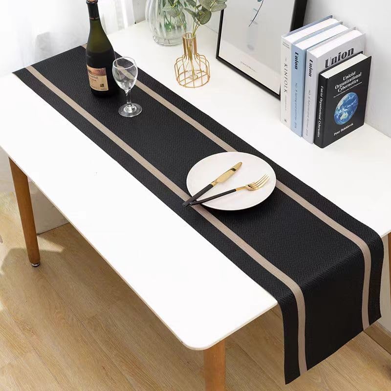 FAVE Woven Vinyl Table Runner 120x12 Inch Black with Gold Threads