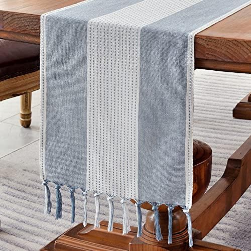 Wracra Linen Table Runner, Stripe Table Runners 48 Inches Long Blue