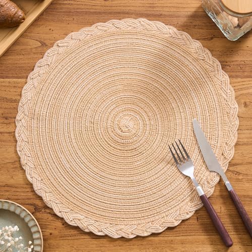 vctops Set of 6 Beige Round Placemats 12 inch Boho Braided Place Mats