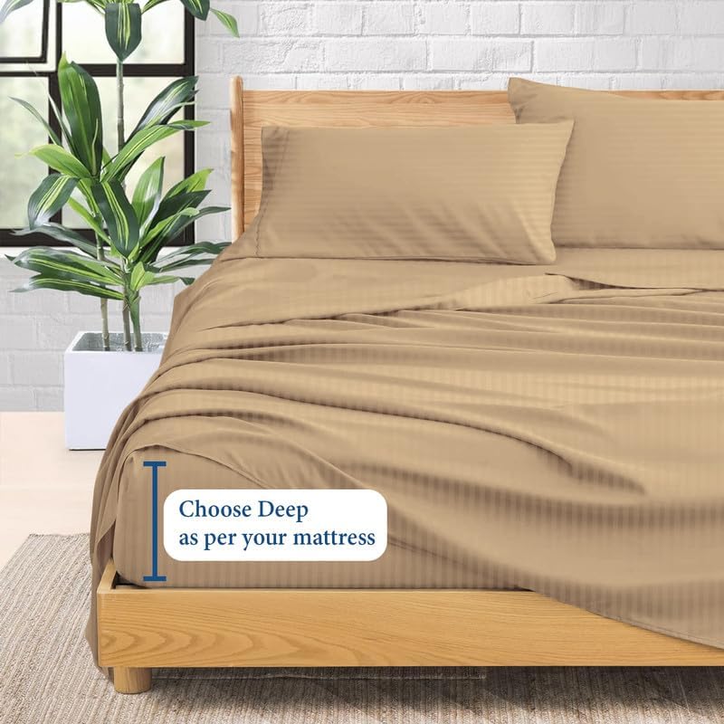 SKS Linen- 500 Thread Count Taupe Stripe(Full XL) Bed-Sheet Set-Highly