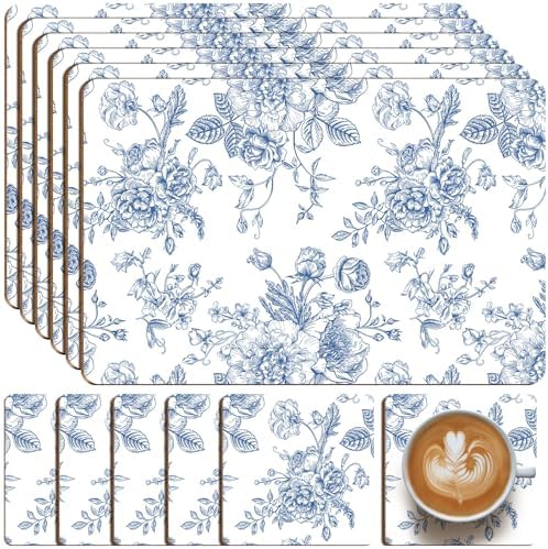 6 Sets Blue Floral Cork Placemats with 6 Coasters, 16x12 Inches Heat