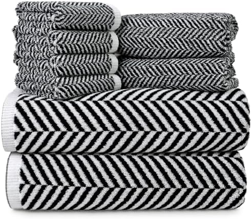 Cleanbear 8 Piece Black and White Herringbone Towel Set, 100% Cotton