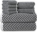 Cleanbear 8 Piece Black and White Herringbone Towel Set, 100% Cotton