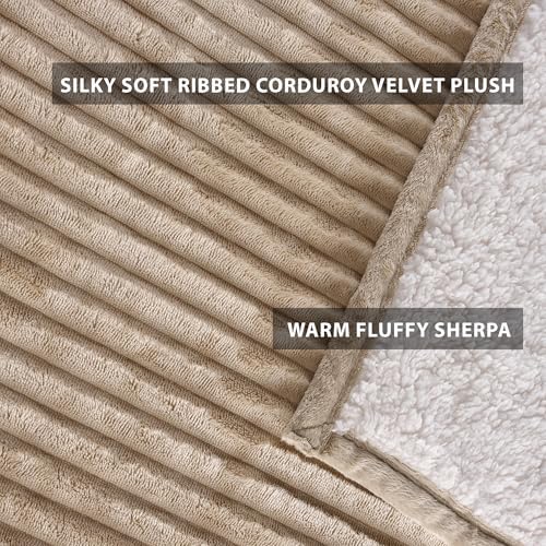 Corduroy Velvet Plush Ribbed Throw Blanket with Ultra-Soft Sherpa