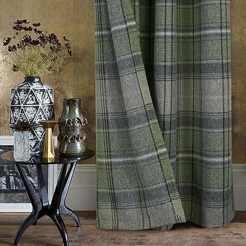 always4u Woolen Look Plaid Curtains Modern Window Panels Green Check