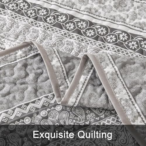 WONGS BEDDING Boho King Quilt Set,3 Pcs Grey Bedspread Covrtlet Set